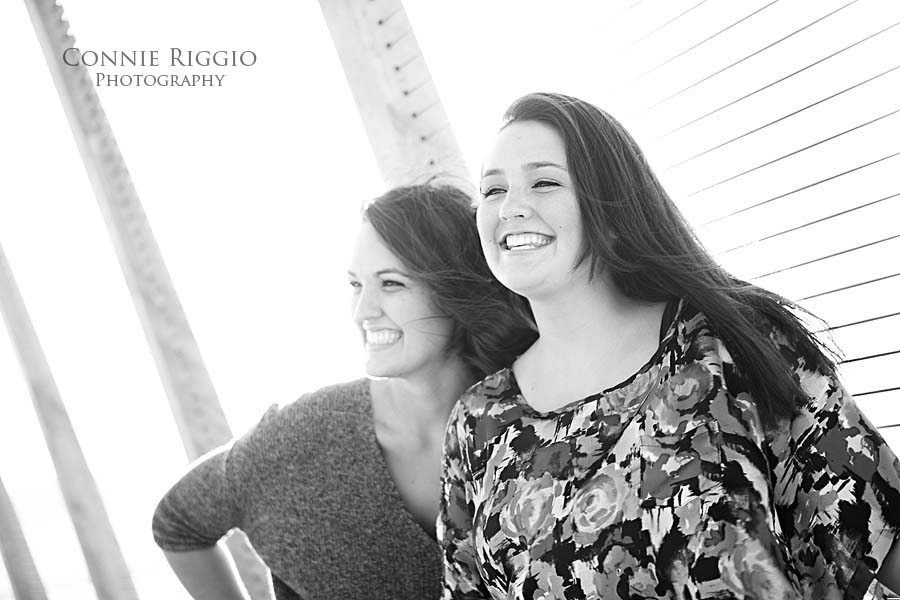 Girls on Bridge BW Tacoma Family Photographer