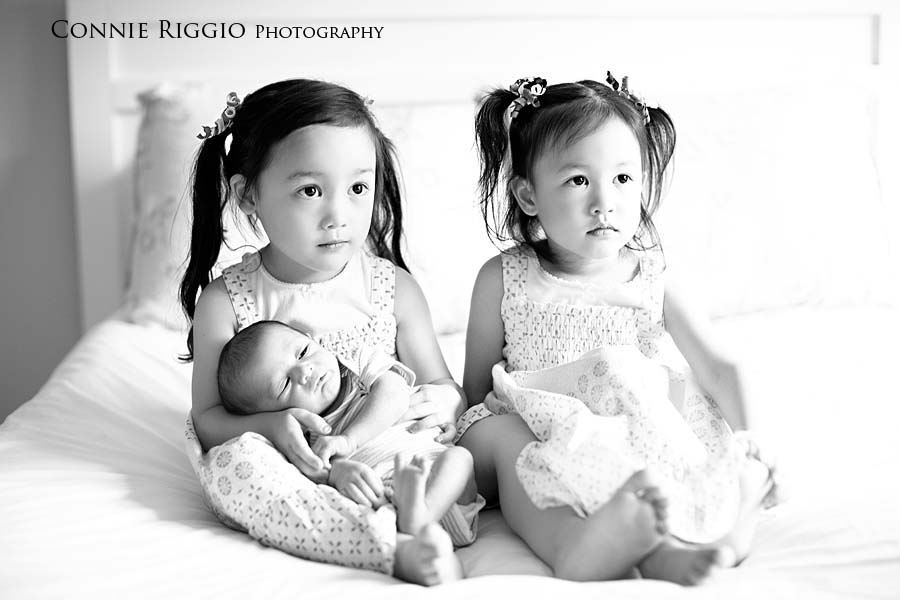Girls in bw with baby brother Tacoma Newborn Family Photographer